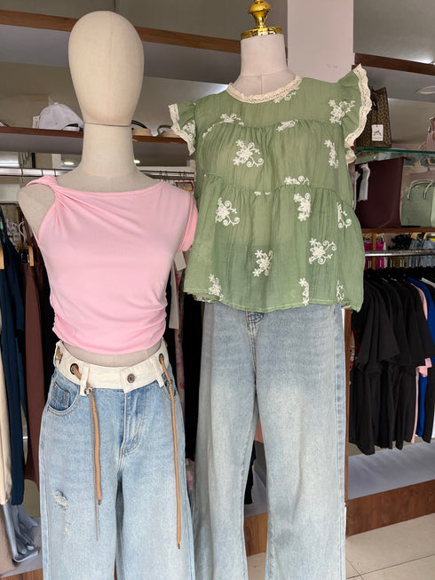 Women Rib Drawn-String Wide Leg Jeans